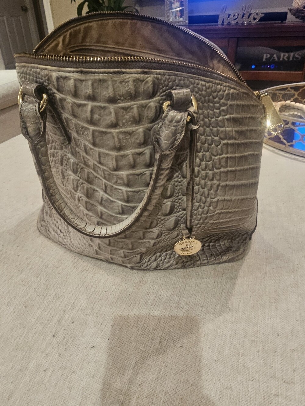 BRAHMIN Croc-Embossed Tote Bag in Taupe/GREY